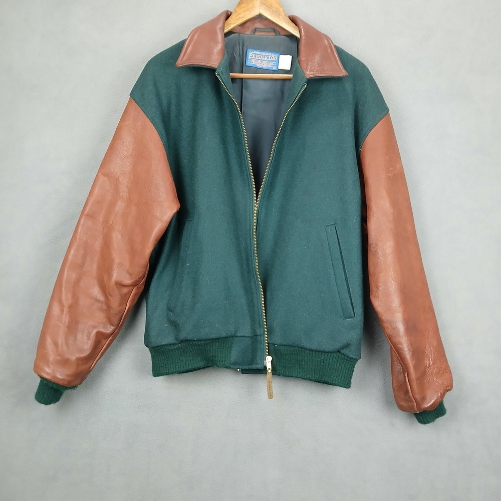 Pendleton Leather Jacket Mens M Virgin Wool Made In USA Thinsulate Green Vintage